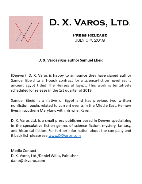 Press release from D. X. Varos, Ltd. announcing that the press signed a new author